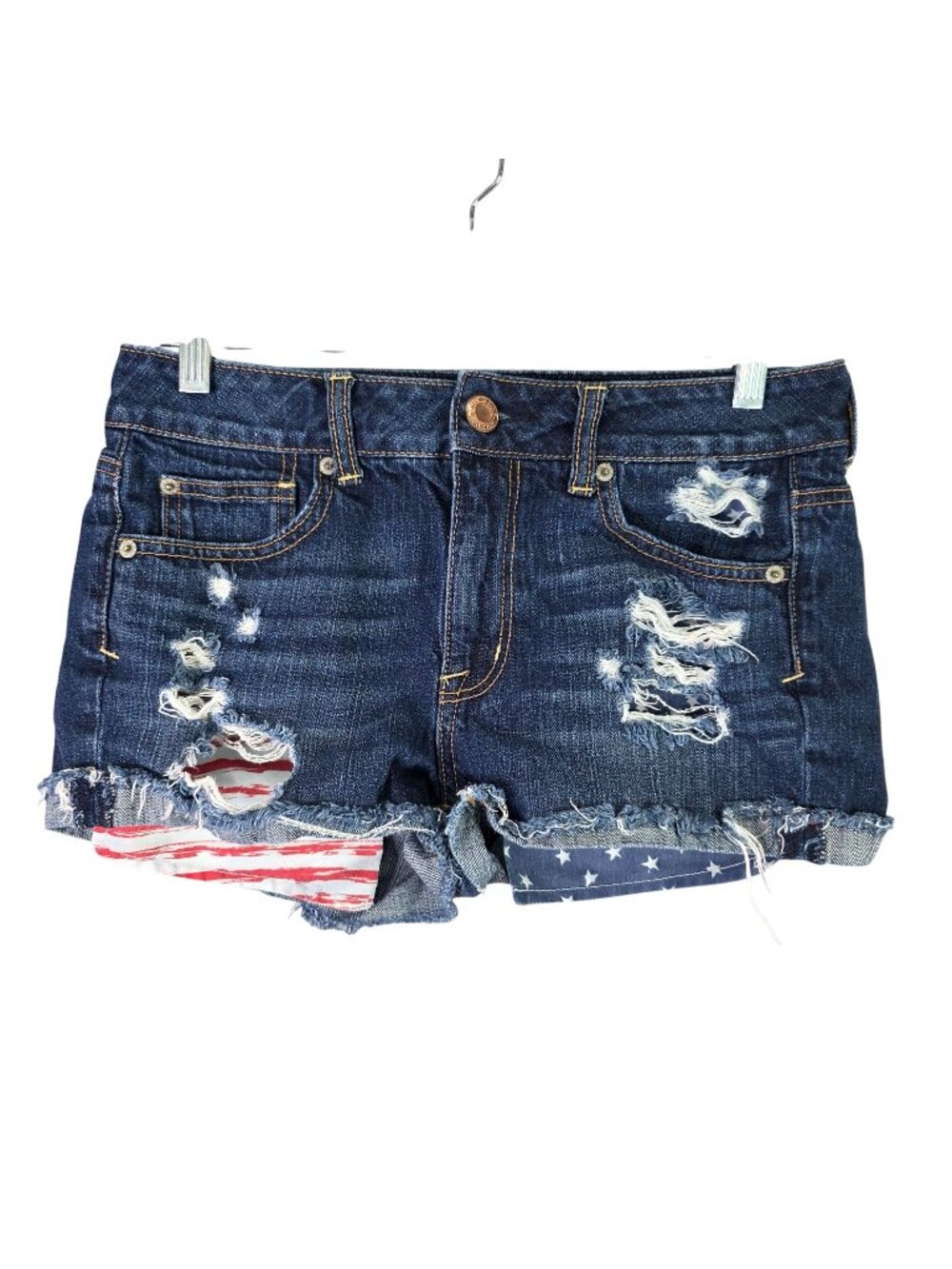 Womens American Eagle Distressed Blue Denim Shorts American Flag Cut Off Size 4